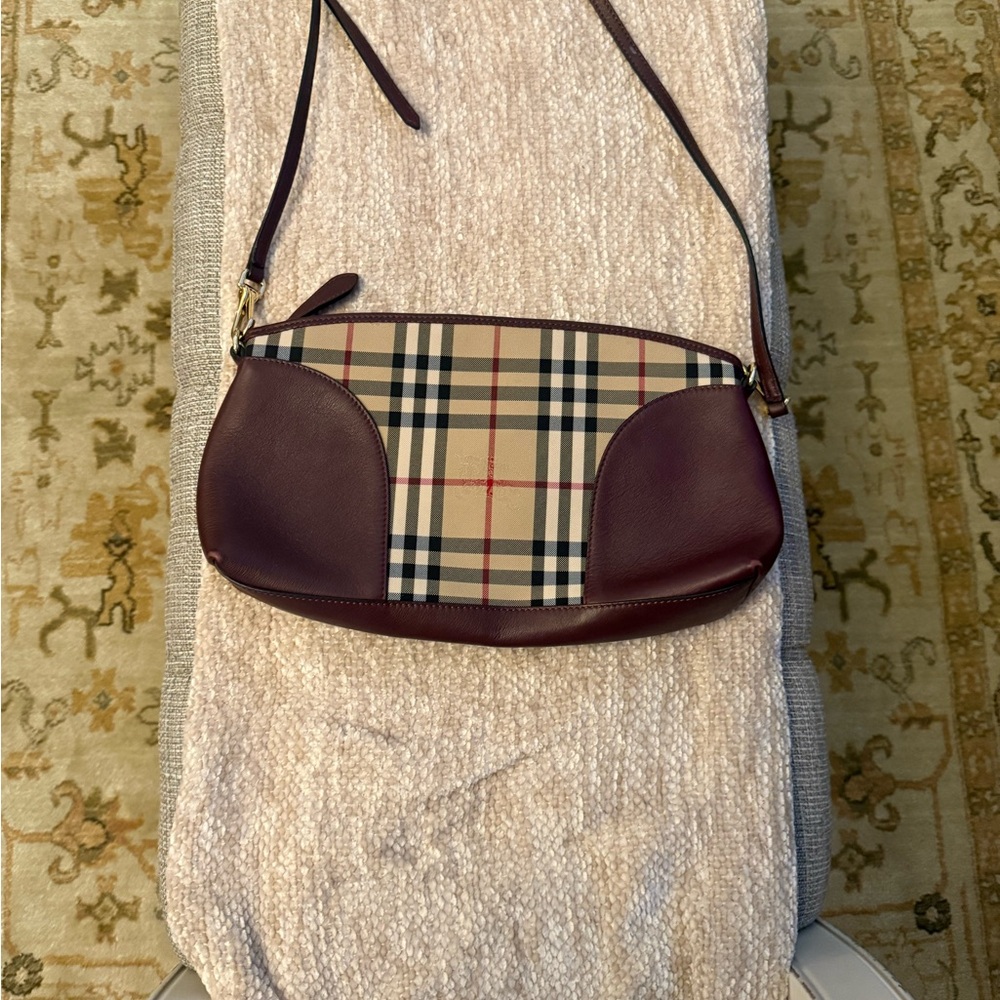 Burberry Burgundy and Beige Shoulder Bag with Classic Check Pattern